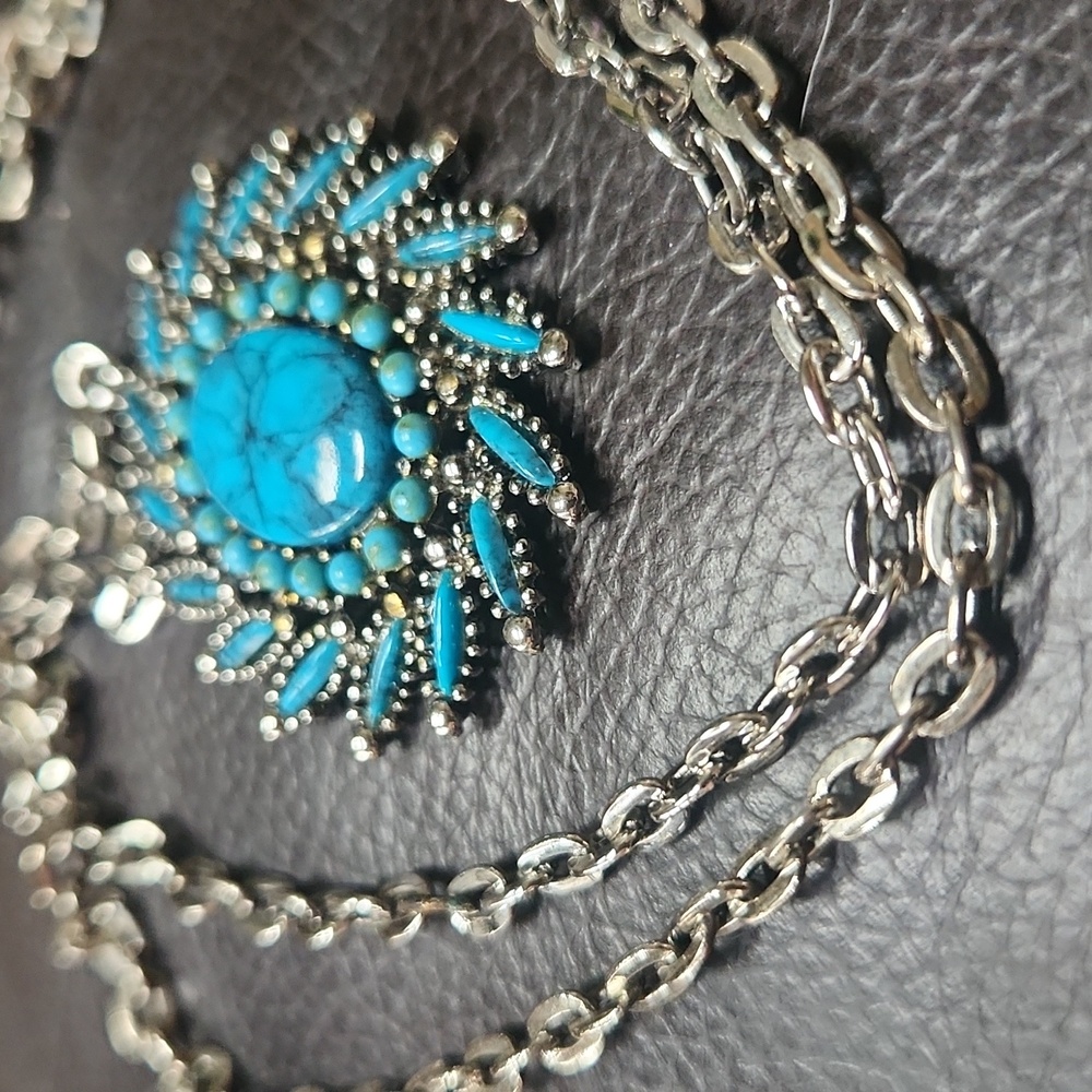 JJ Jonette Jewelry Co Vintage 70s Silver Tone Faux Turquoise Necklace Signed 24" - Picture 3 of 4